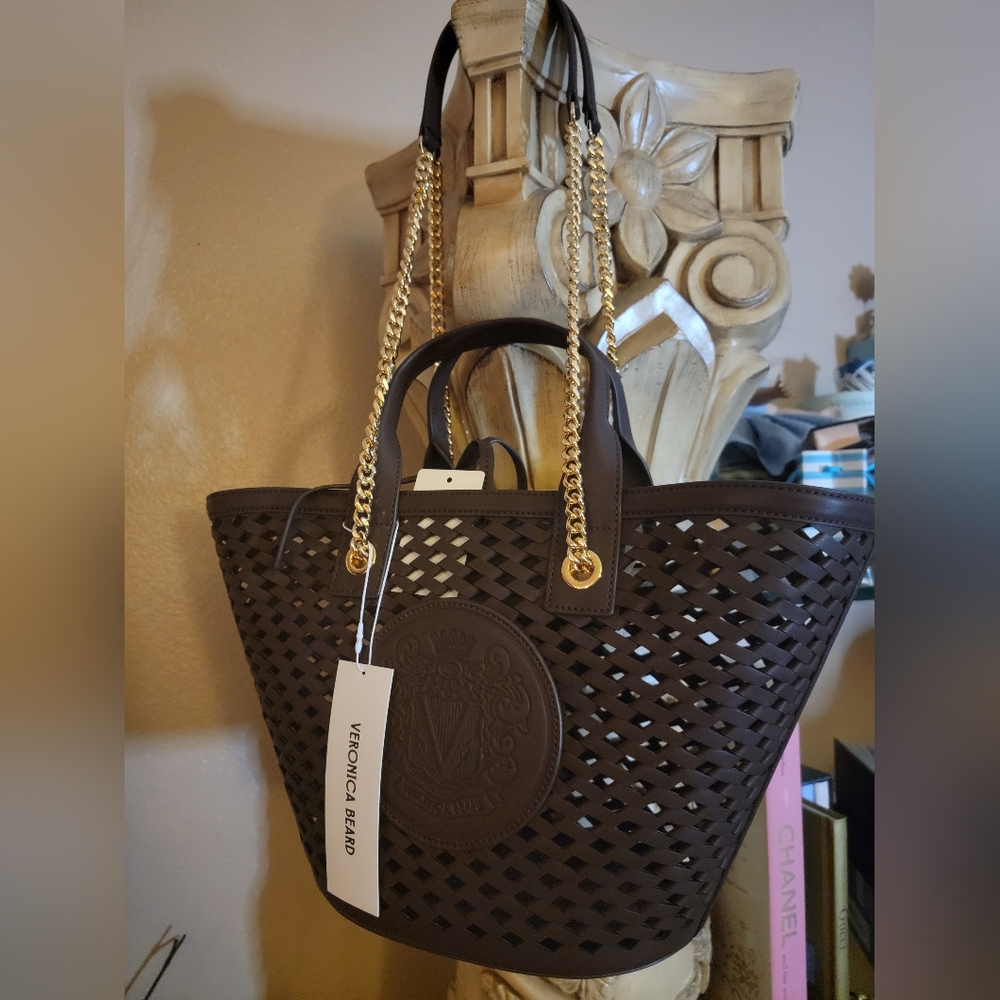 Veronica Beard Chocolate Expresso Woven Tote with Gold Chain Straps, NWT